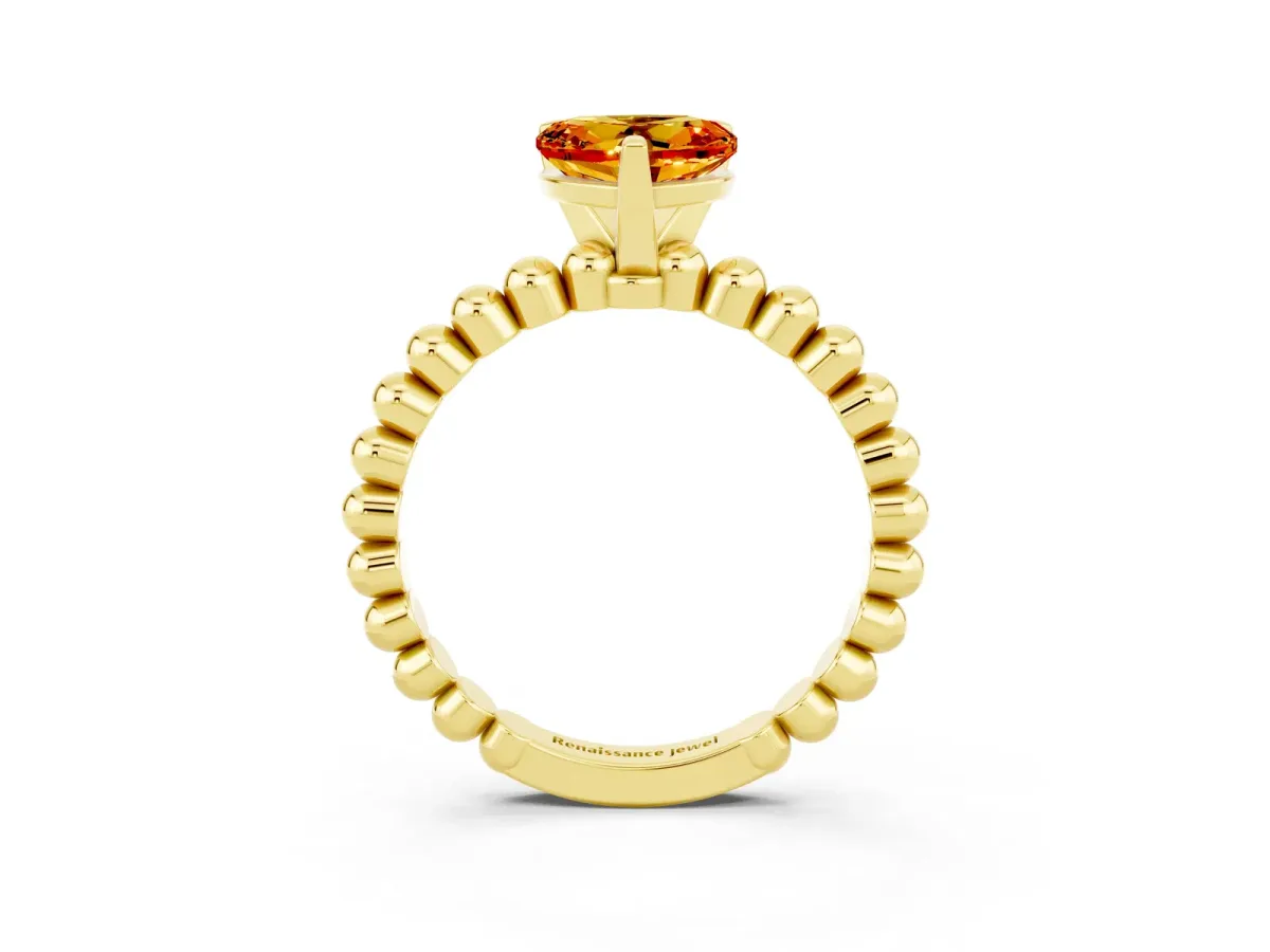 Heart Cut Citrine Solitaire Ring with Beaded Band and Prong Setting Yellow gold