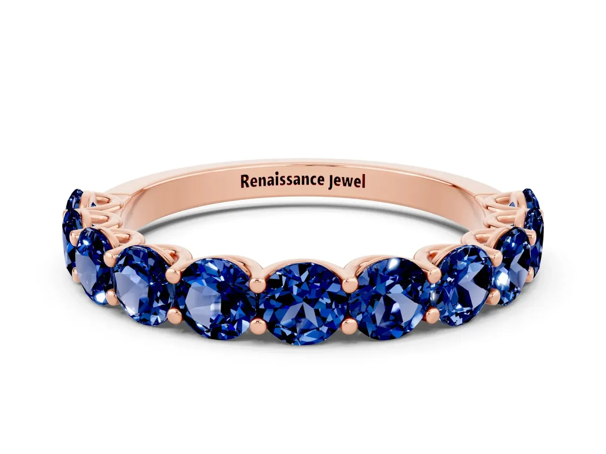 Round Blue Sapphire Shared Prong Eternity Band Rose gold