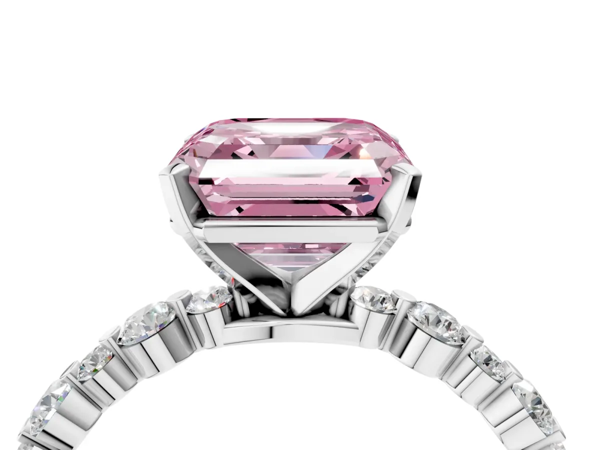 Fancy Pink Asscher Cut Diamond Prong Set Engagement Ring with Pavé Band Platinum