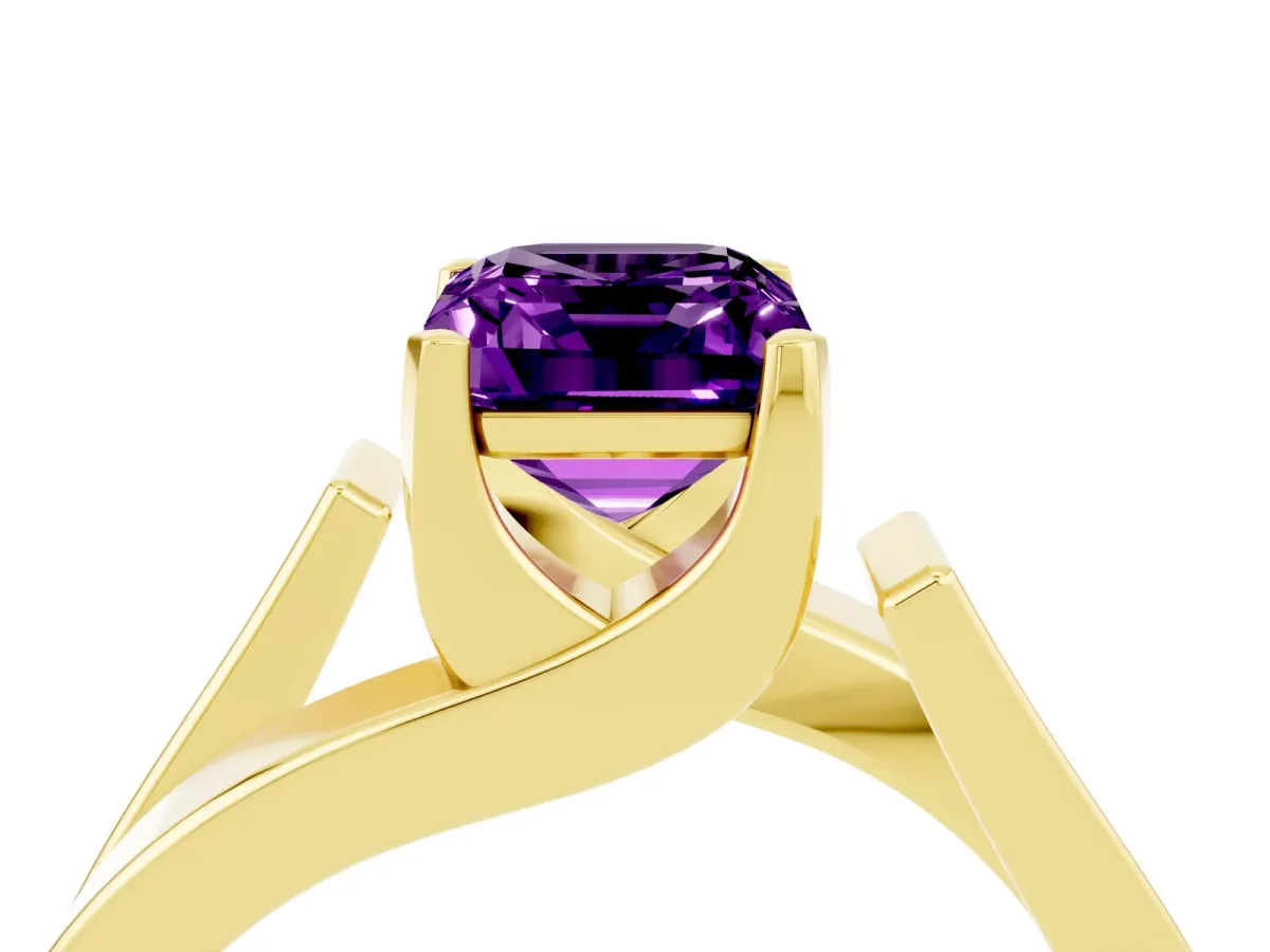 Modern Tension Set Emerald Cut Amethyst Solitaire Wide Band Ring Yellow gold