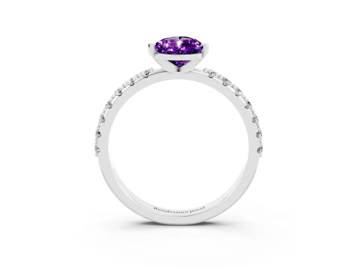Pear Cut Amethyst Solitaire Pavé Band with Four-Prong Setting Silver