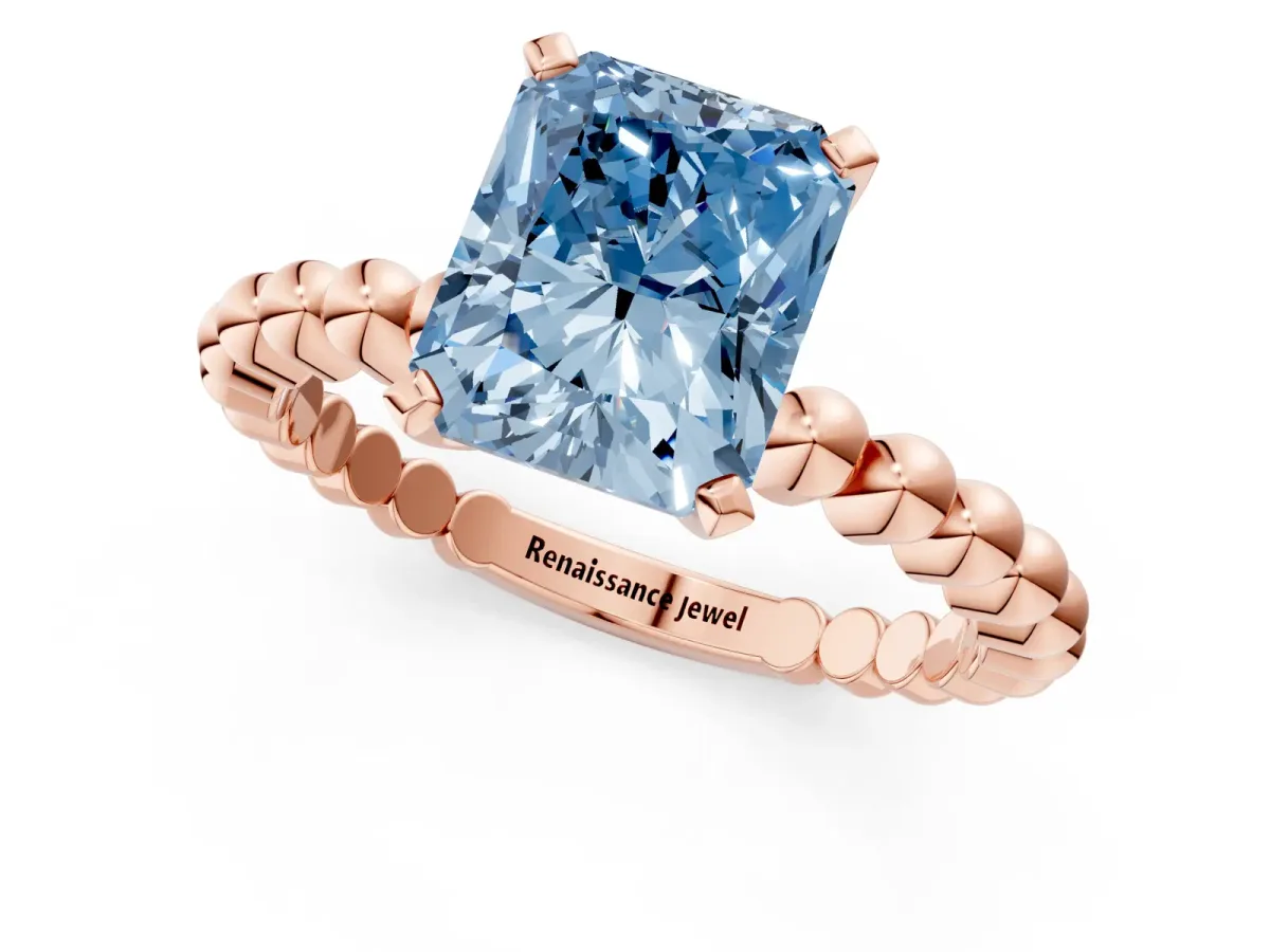Fancy Blue Radiant Cut Diamond Solitaire Ring with Beaded Band and Prong Setting Rose gold