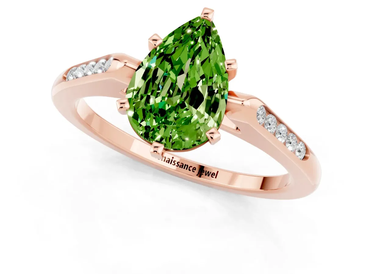 Pear Cut Peridot Solitaire Ring with Channel Set Round Band and Prong Setting Rose gold