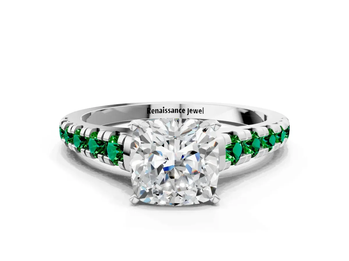 Cushion Cut Diamond Cathedral Solitaire Ring with Round Emerald Pavé Band Silver