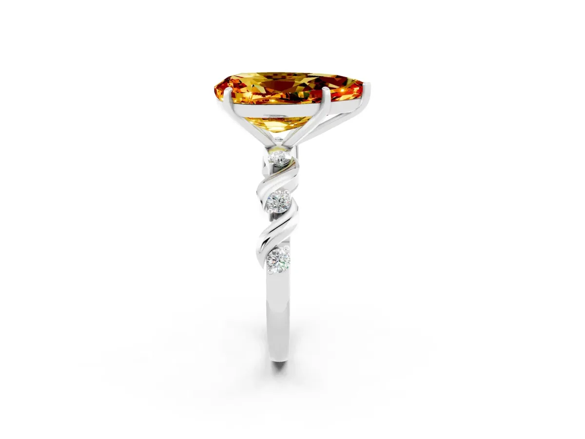 Pear Cut Citrine Solitaire Twisted Band with Round Accents and Prong Setting Silver