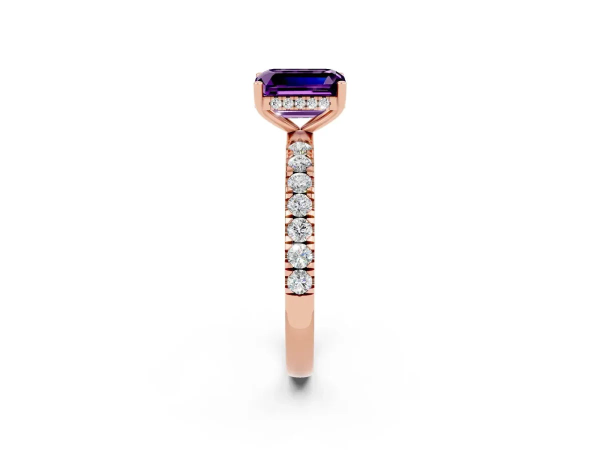 Emerald Cut Amethyst Pave Band Solitaire Ring with Round and Prong Setting Rose gold