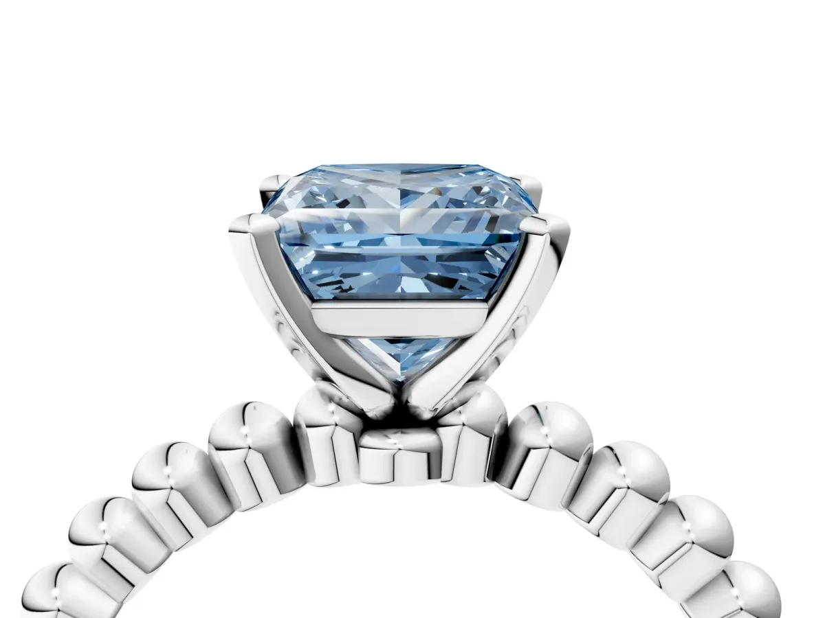 Fancy Blue Princess Cut Diamond Solitaire Ring with Beaded Band and Prong Setting Platinum