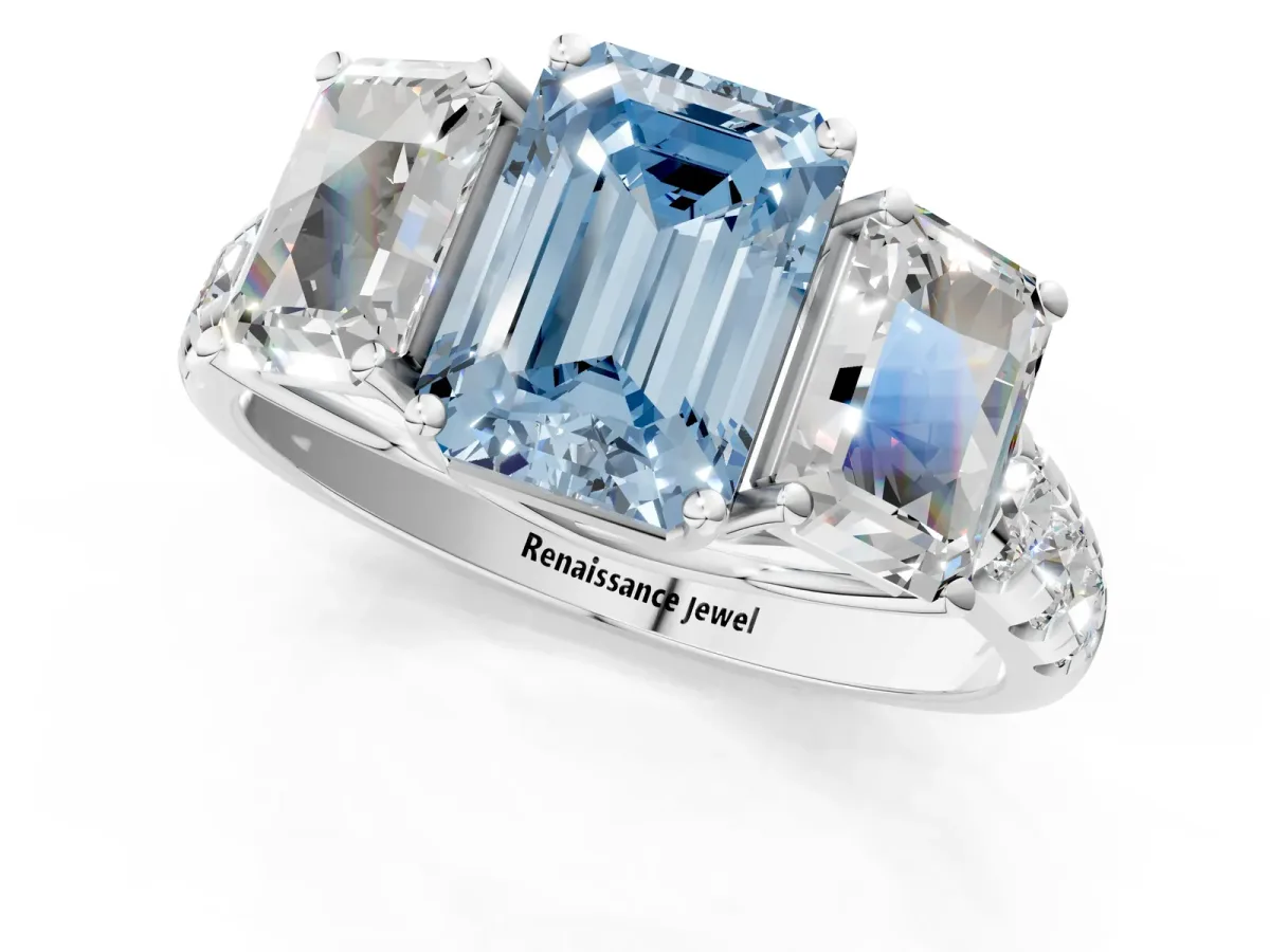 Fancy Blue Three-Stone Emerald Cut Diamond Pavé Band with Prong Setting Platinum