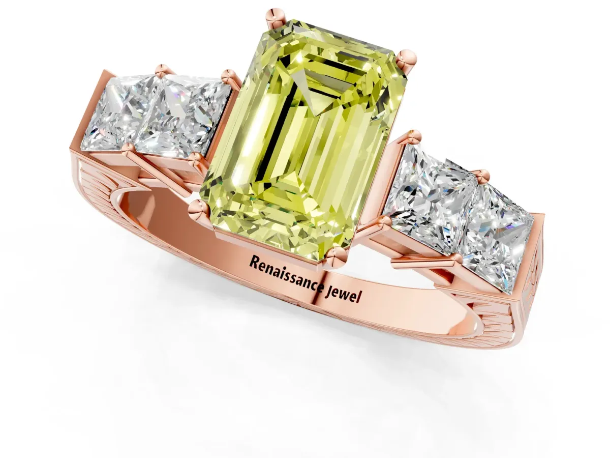 Fancy Yellow Emerald Cut Solitaire Princess Side Stone Engraved Band Prong Setting Ring Rose gold