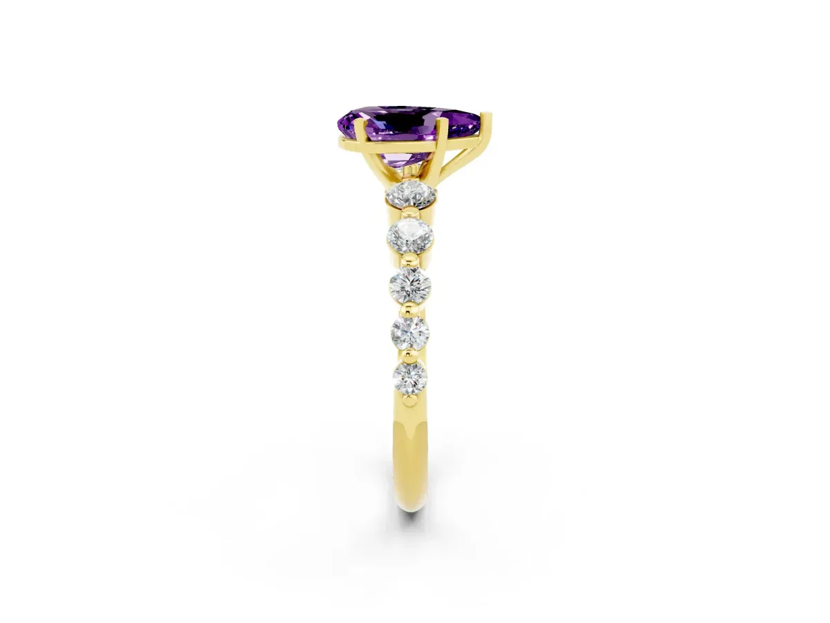 Pear Cut Solitaire Amethyst Ring with Pave Band and Four-Prong Setting Yellow gold