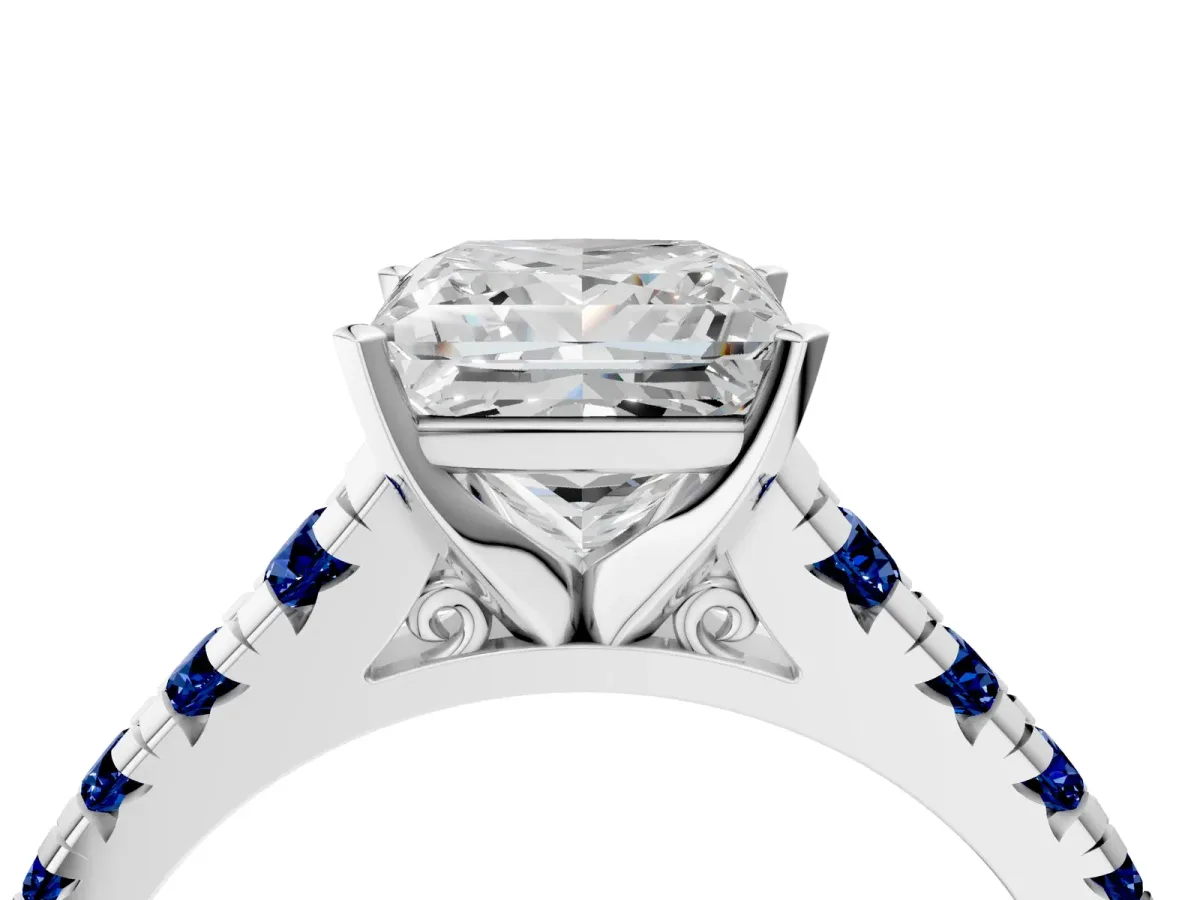 Princess Cut Diamond Cathedral Solitaire Ring with Round Blue Sapphire Pavé Band Silver