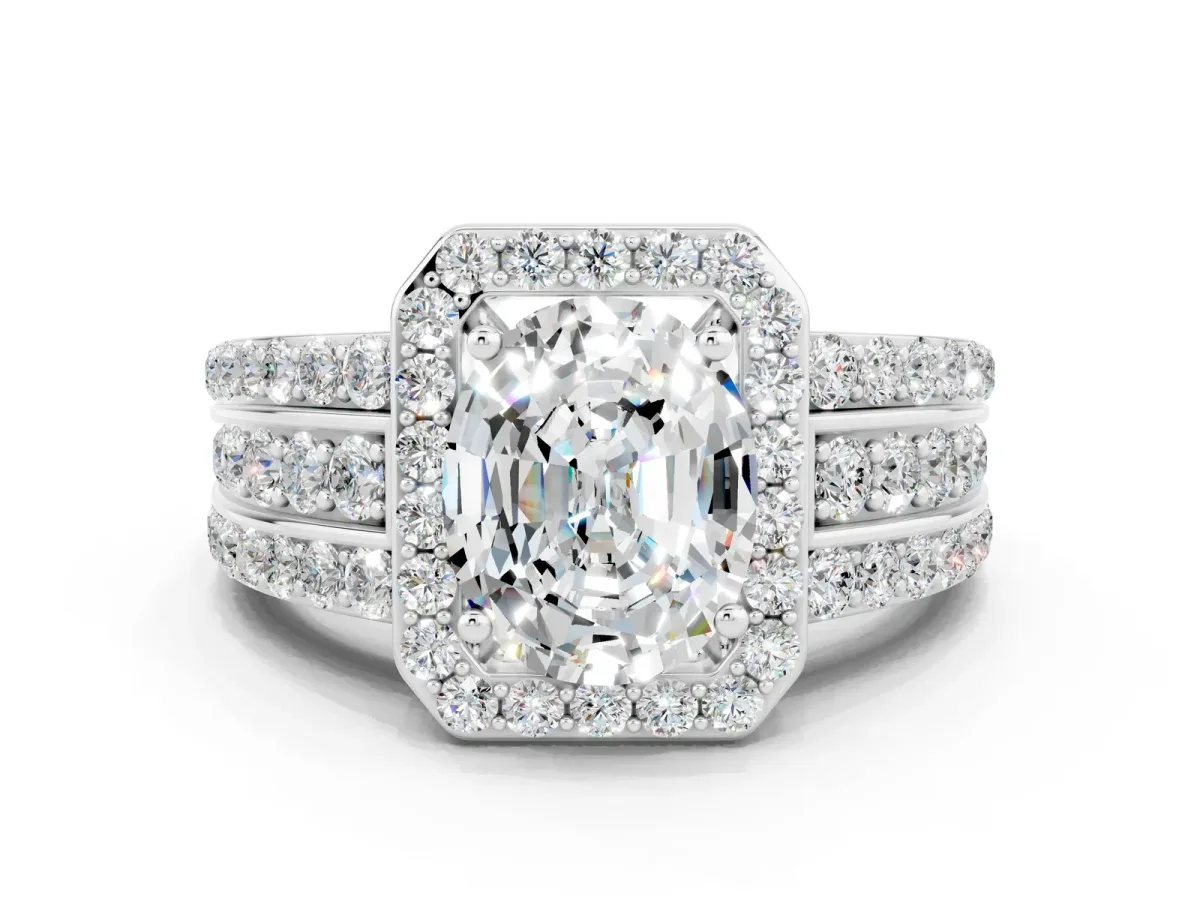 Oval Cut Halo Moissanite Ring with Round Split Shank and Prong Setting White gold