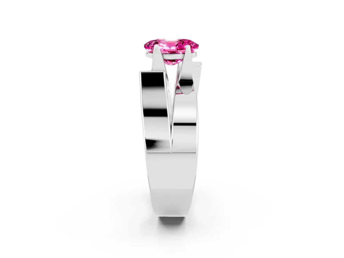 Modern Tension Set Oval Cut Pink Sapphire Solitaire Wide Band Ring Silver