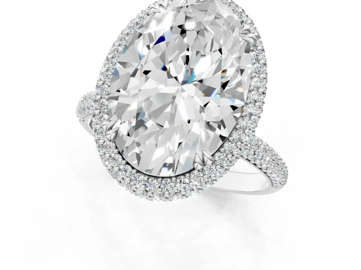 Oval Diamond Halo Ring with Round Diamond Accents White gold
