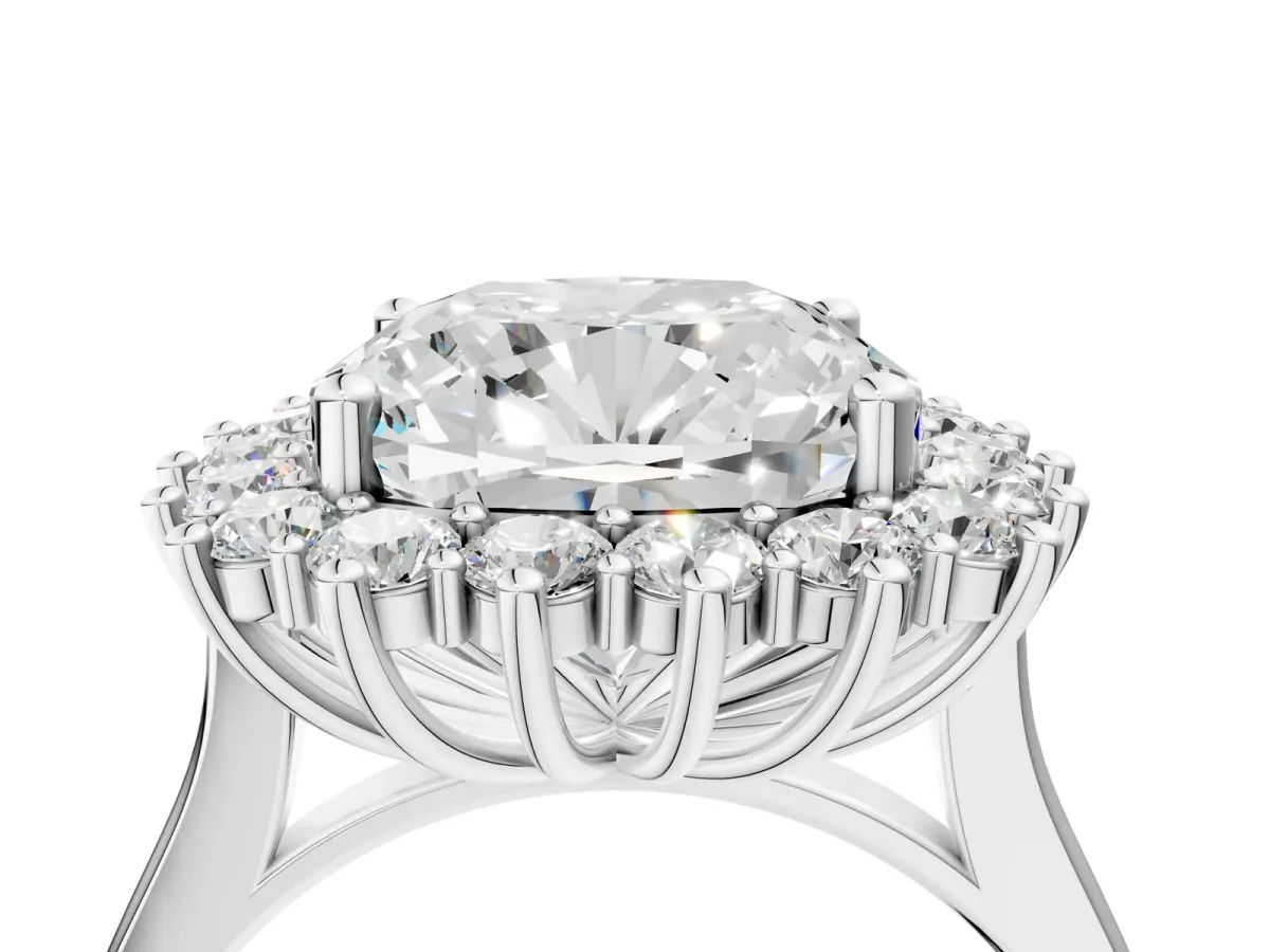 Cushion Diamond Halo Engagement Ring with Round Diamond Accents Silver
