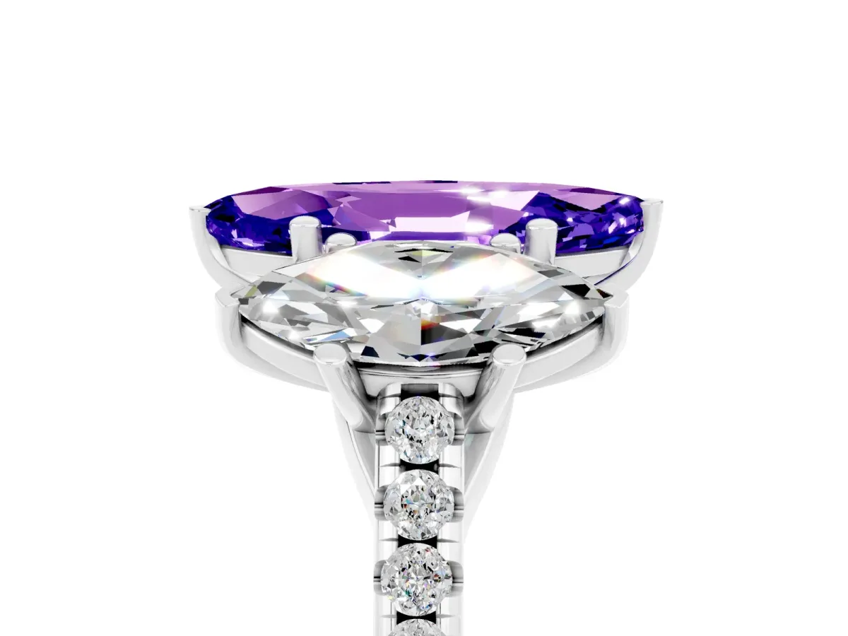 Three-Stone Marquise Cut Tanzanite Ring with Round Pavé Band and Prong Setting Silver