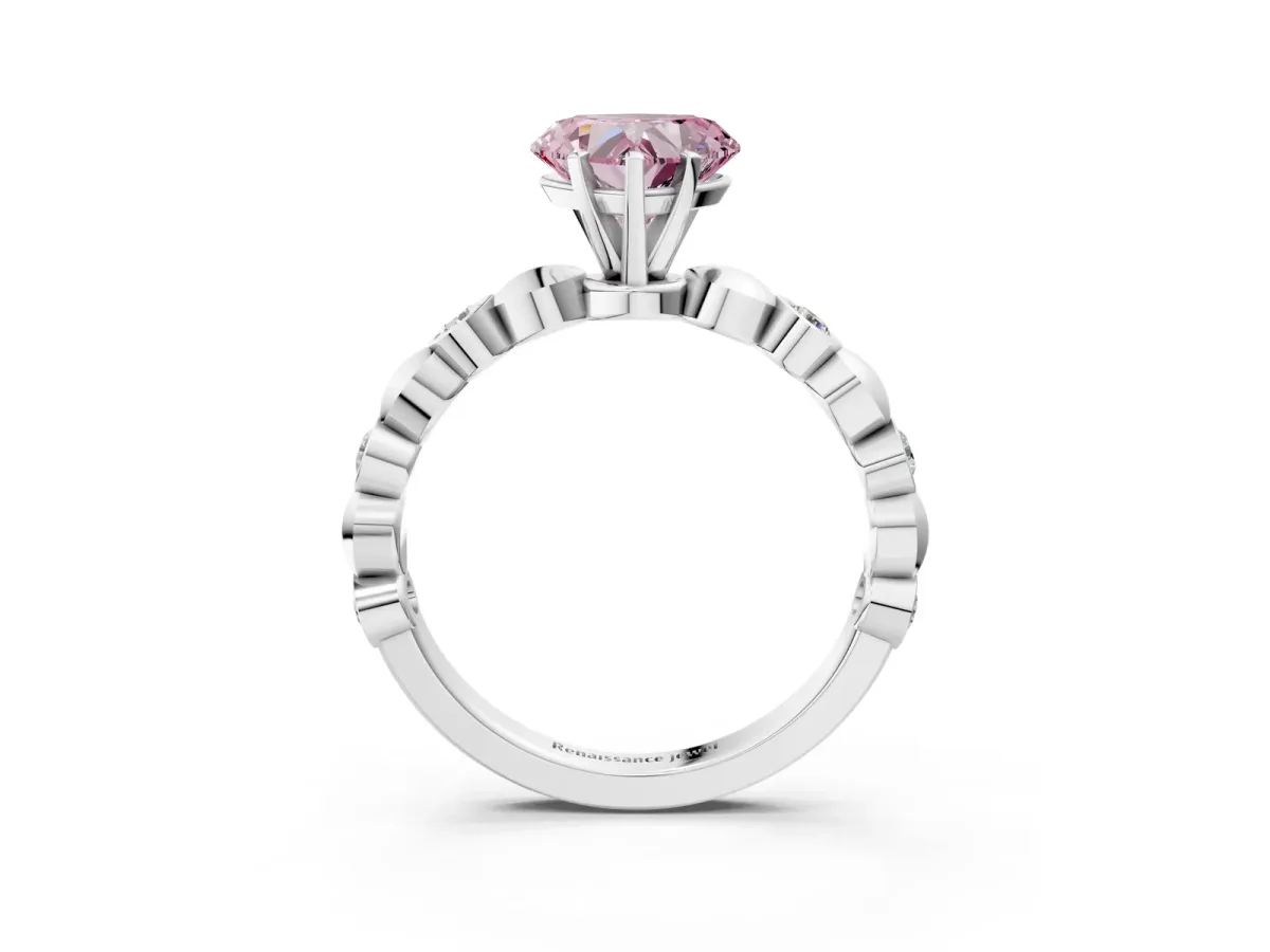 Fancy Pink Heart Cut Solitaire Bezel-Set Diamond Ring with Beaded Band and Four-Prong Setting Silver