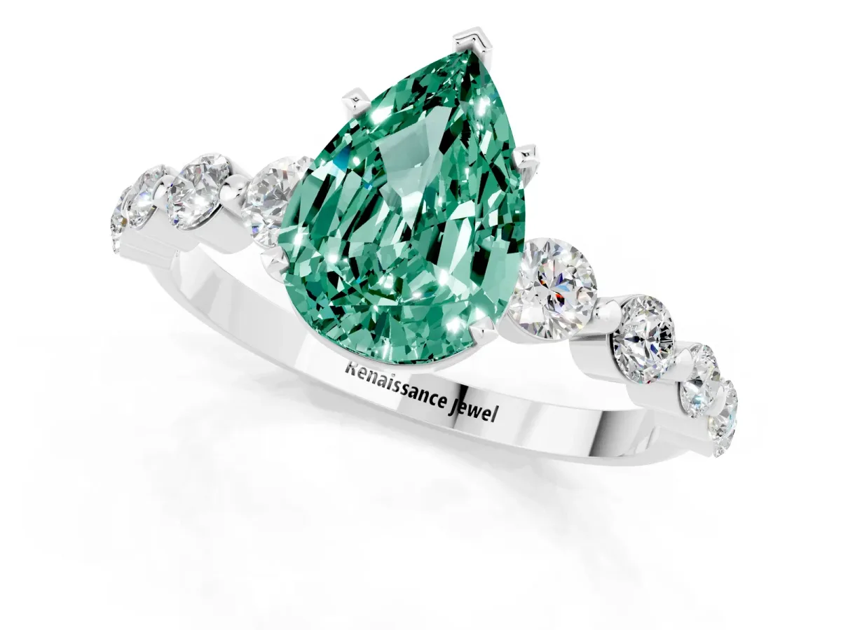 Pear Cut Solitaire Green Sapphire Ring with Pave Band and Four-Prong Setting Silver
