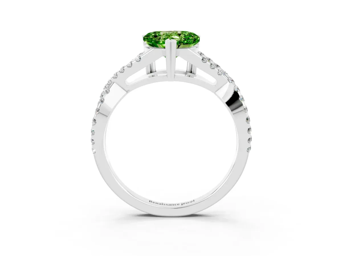 Heart Cut Peridot Solitaire Ring with Four-Prong Setting and Twisted Pavé Band Silver
