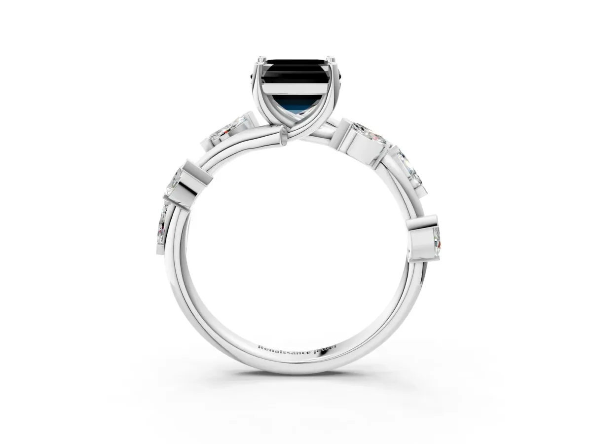 Fancy Black Asscher Cut Solitaire Twisted Band Marquise Accent Prong Setting Ring Platinum