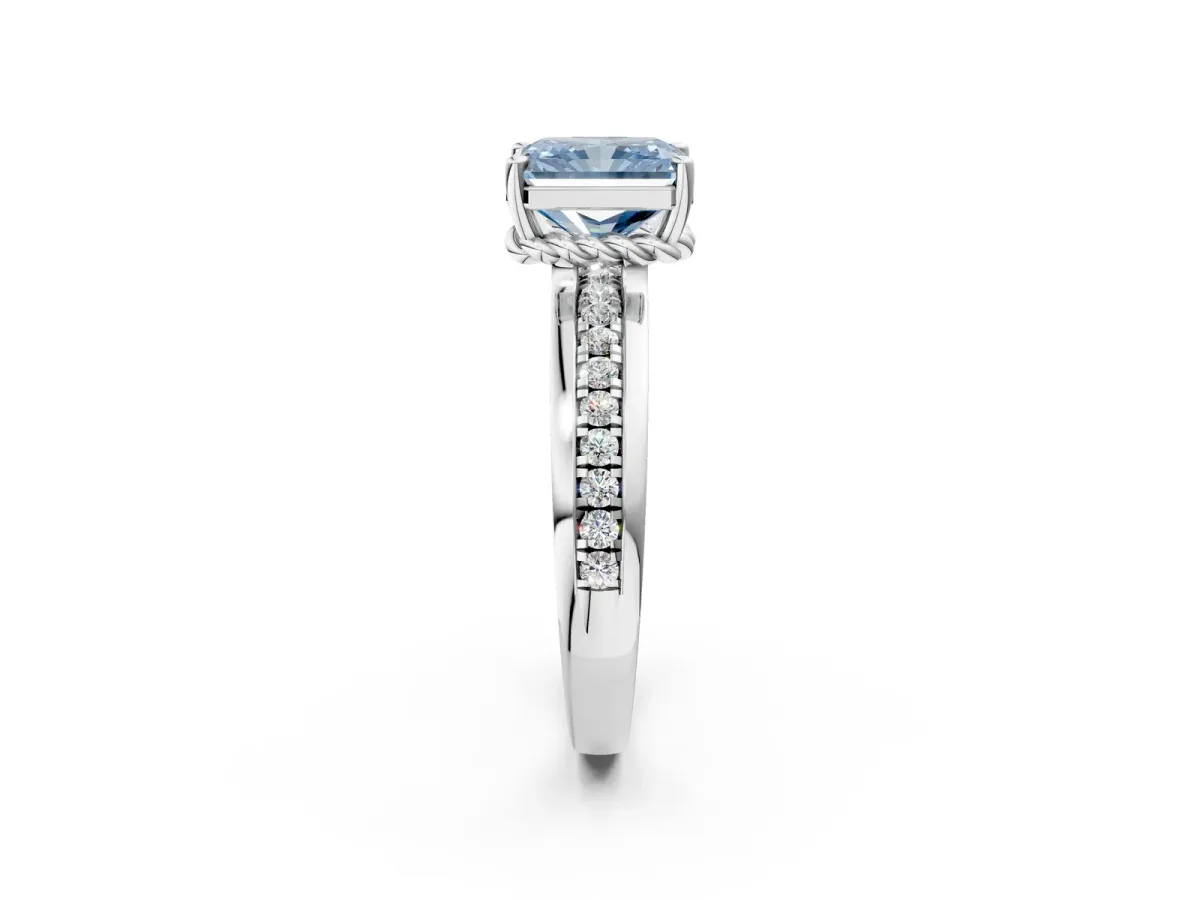 Fancy Blue Radiant Cut Solitaire Diamond Ring with Channel Set Band and Six-Prong Setting Platinum