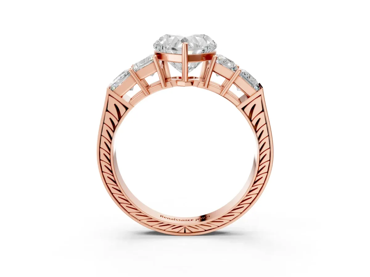 Heart Cut Solitaire Princess Side Stone Engraved Band Prong Setting Ring Rose gold
