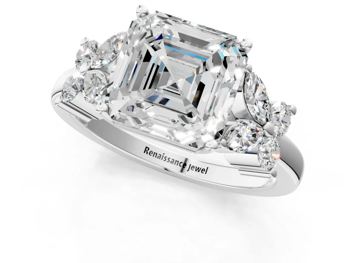 Asscher Cut Diamond Floral Cluster Ring with Solitaire Band and Prong Setting Platinum
