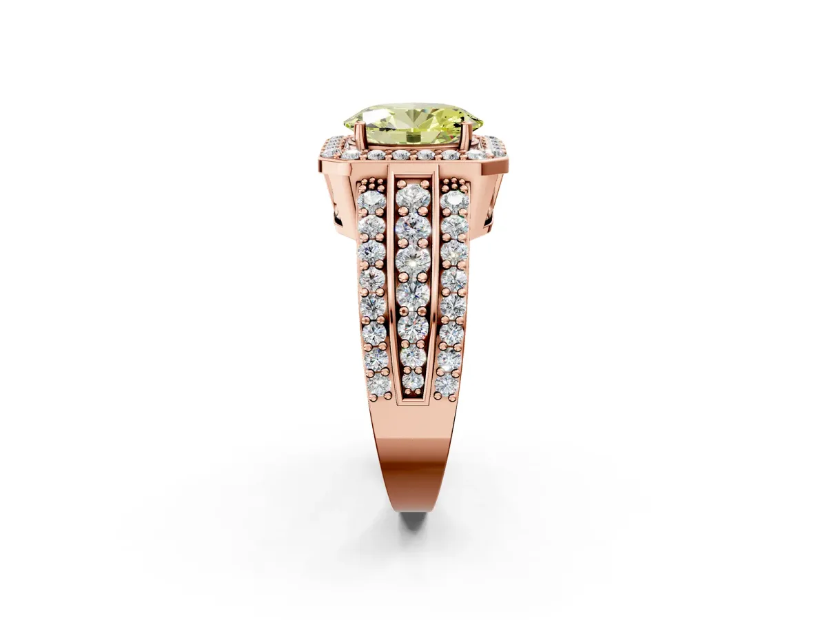 Fancy Yellow Oval Cut Halo Diamond Ring with Round Split Shank and Prong Setting Rose gold