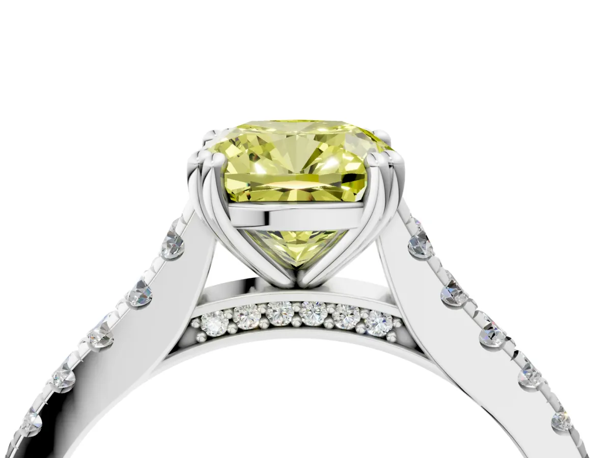 Fancy Yellow Cushion Cut Solitaire Pave Diamond Engagement Ring with Prong Setting White gold