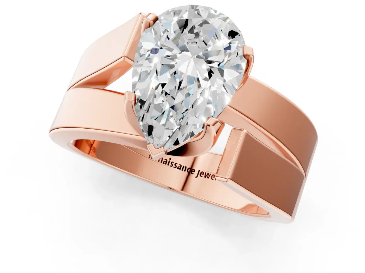 Modern Tension Set Pear Cut Diamond Solitaire Wide Band Ring Rose gold