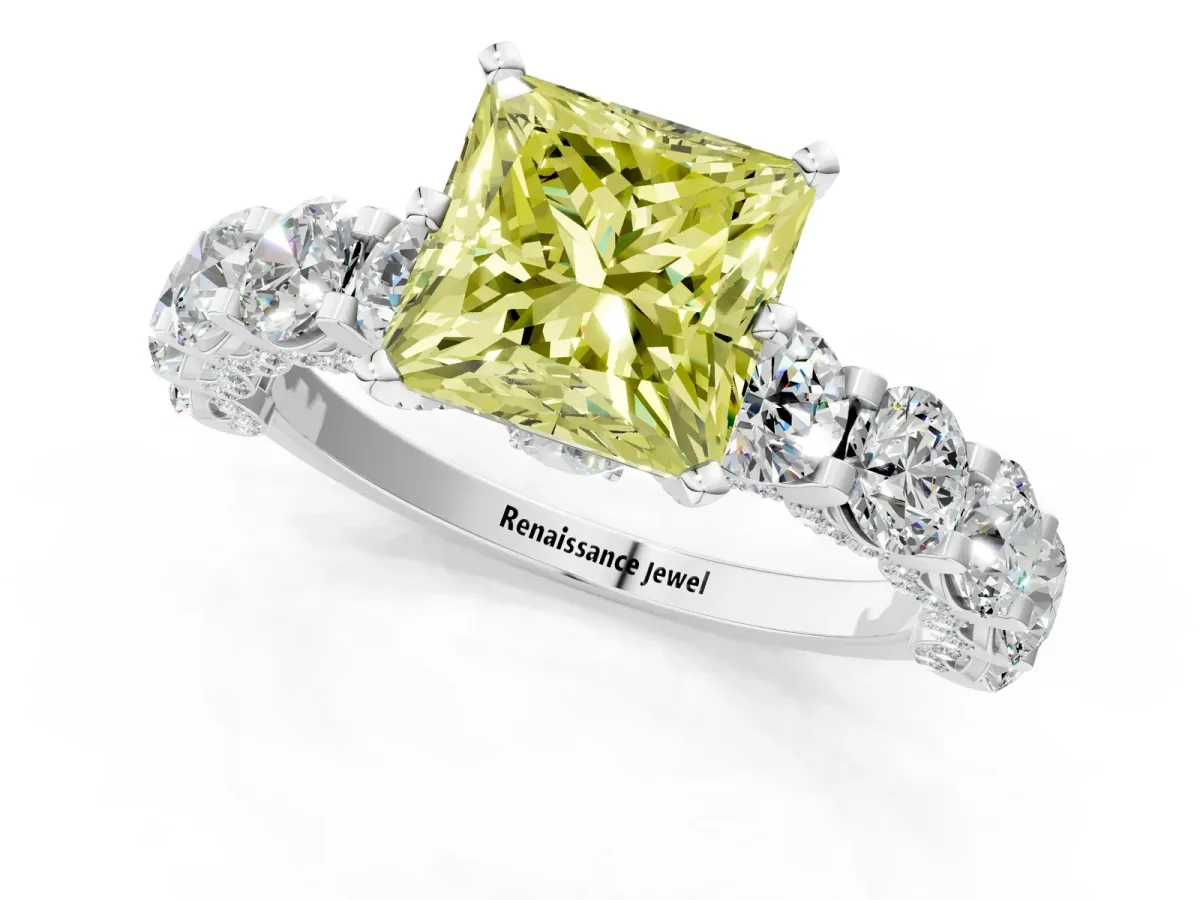 Fancy Yellow Princess Cut Diamond Side Stone Engagement Ring with Four-Prong Setting White gold