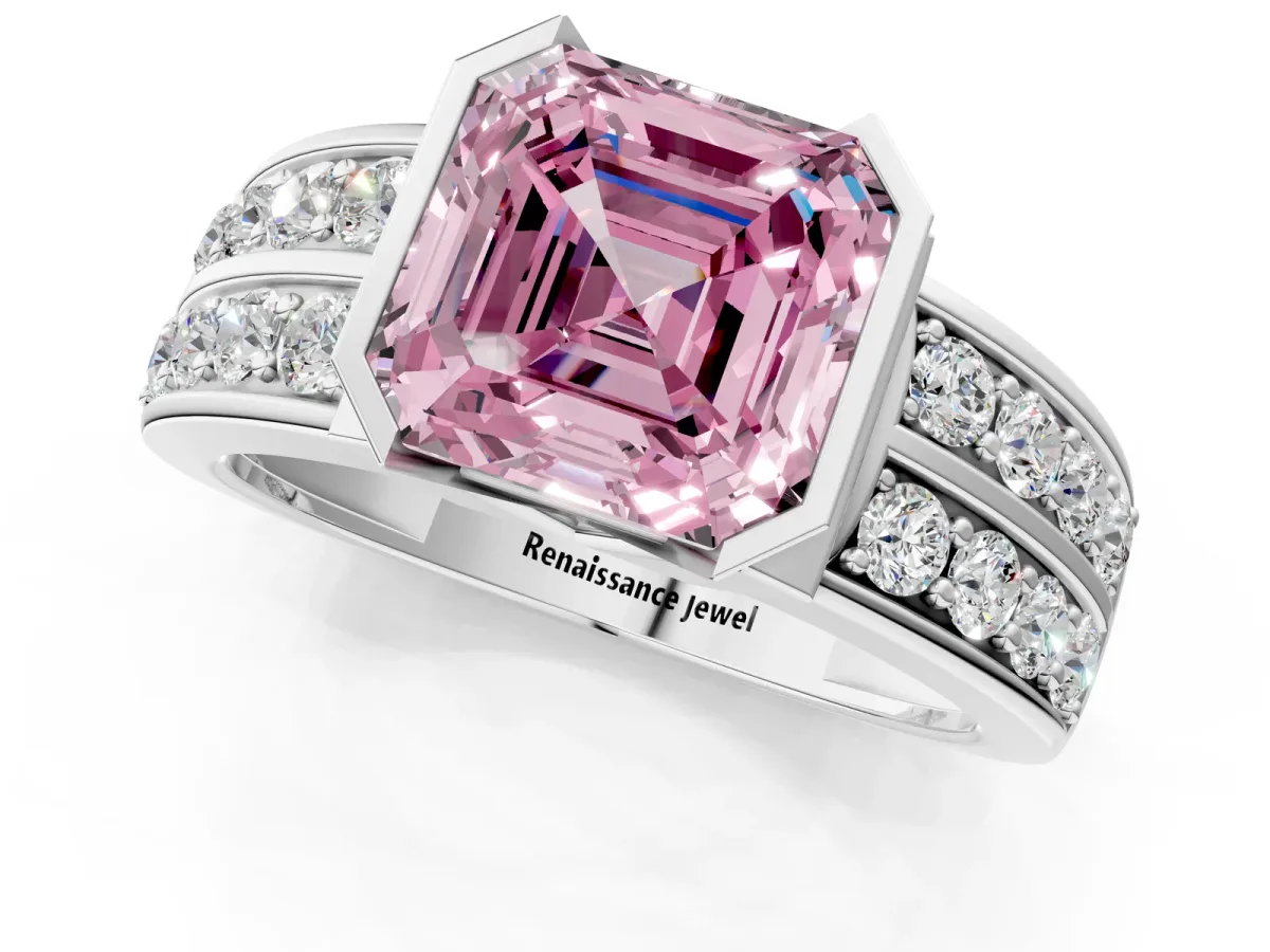 Fancy Pink Asscher Cut Brilliant Diamond Channel Set Wide Band Ring with Bezel Setting Platinum