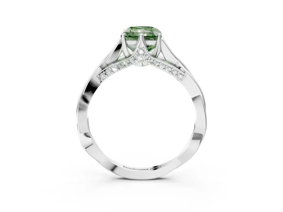 Fancy Green Radiant Cut Solitaire Twist Band Six-Prong Setting Platinum