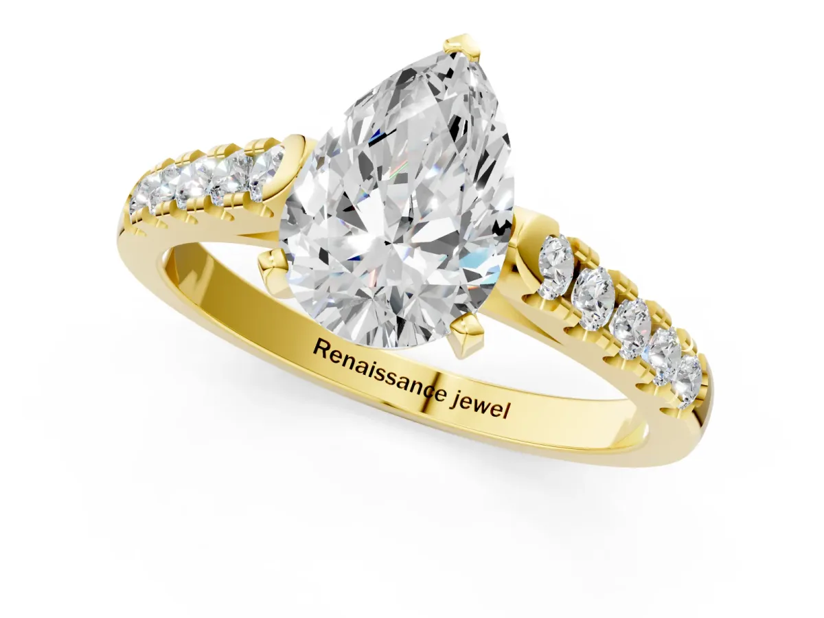 Pear Cut Diamond Pavé Band Solitaire Ring with Prong Setting Yellow gold