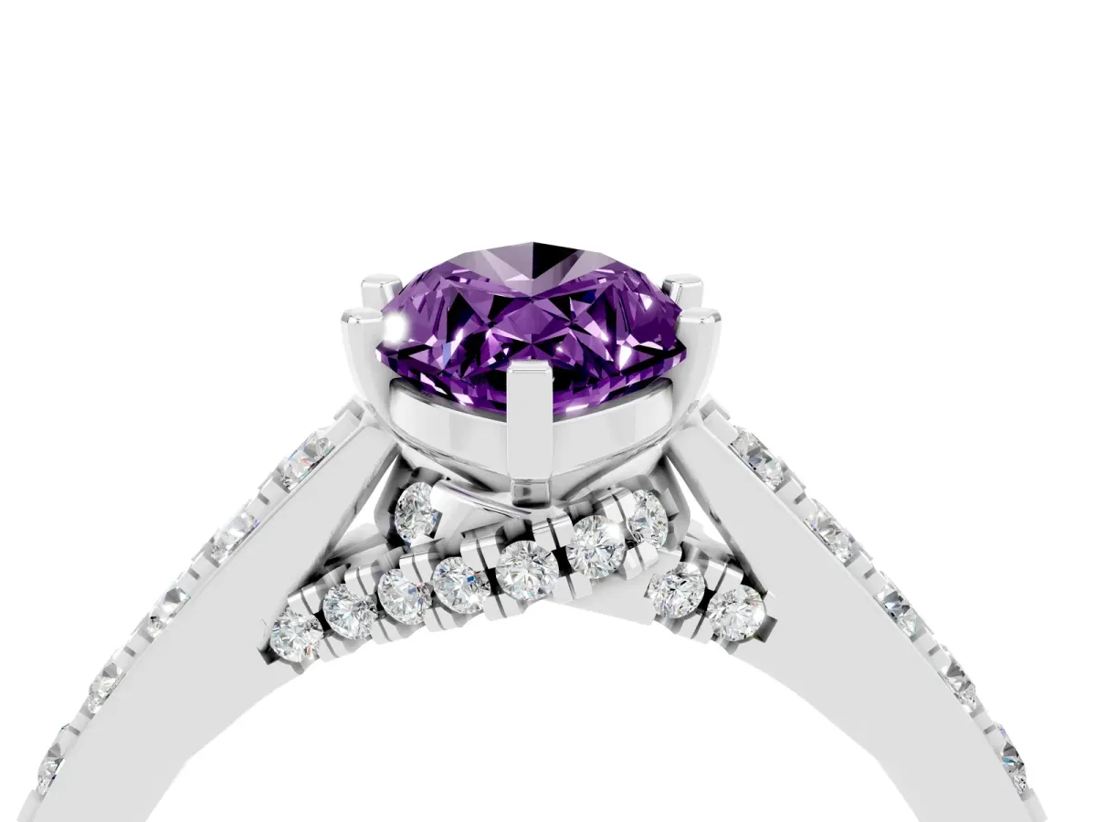 Marquise Cut Amethyst Solitaire Ring with Crossover Gallery and Round Pavé Band Silver