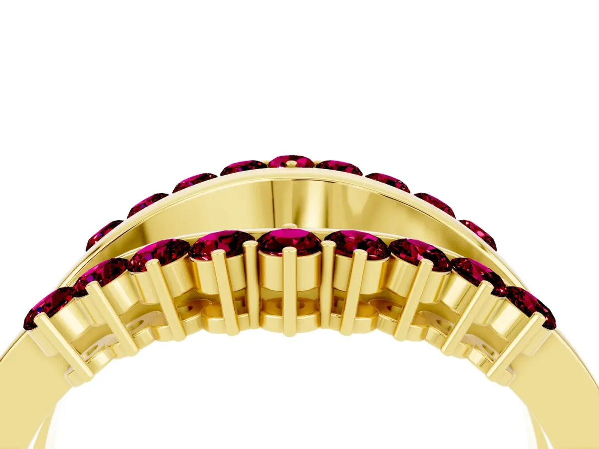 Round Garnet Chevron Contour Band with Prong Setting Yellow gold