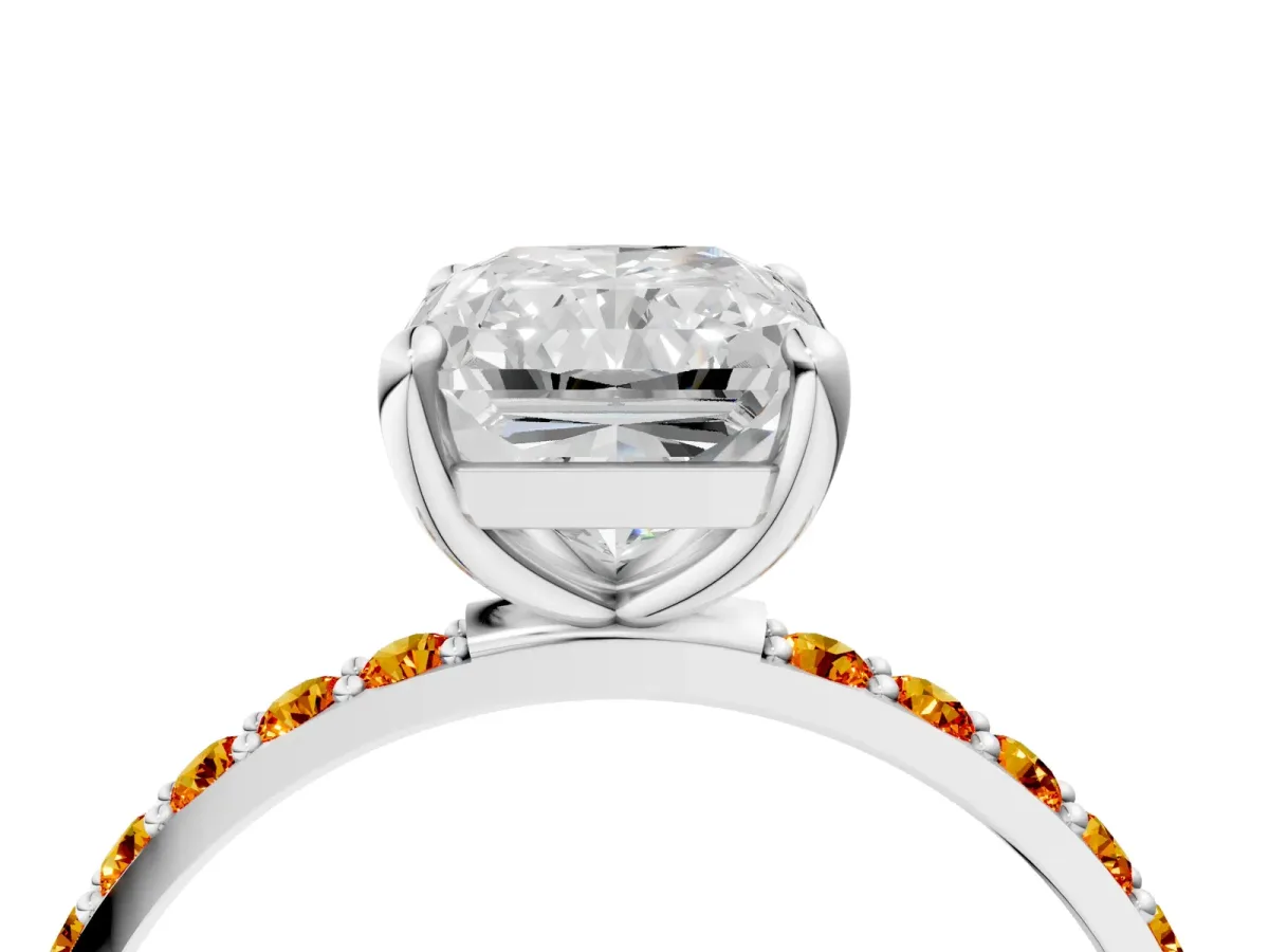 Radiant Cut Diamond Solitaire Ring with Round Citrine Pavé Band and Prong Setting Silver