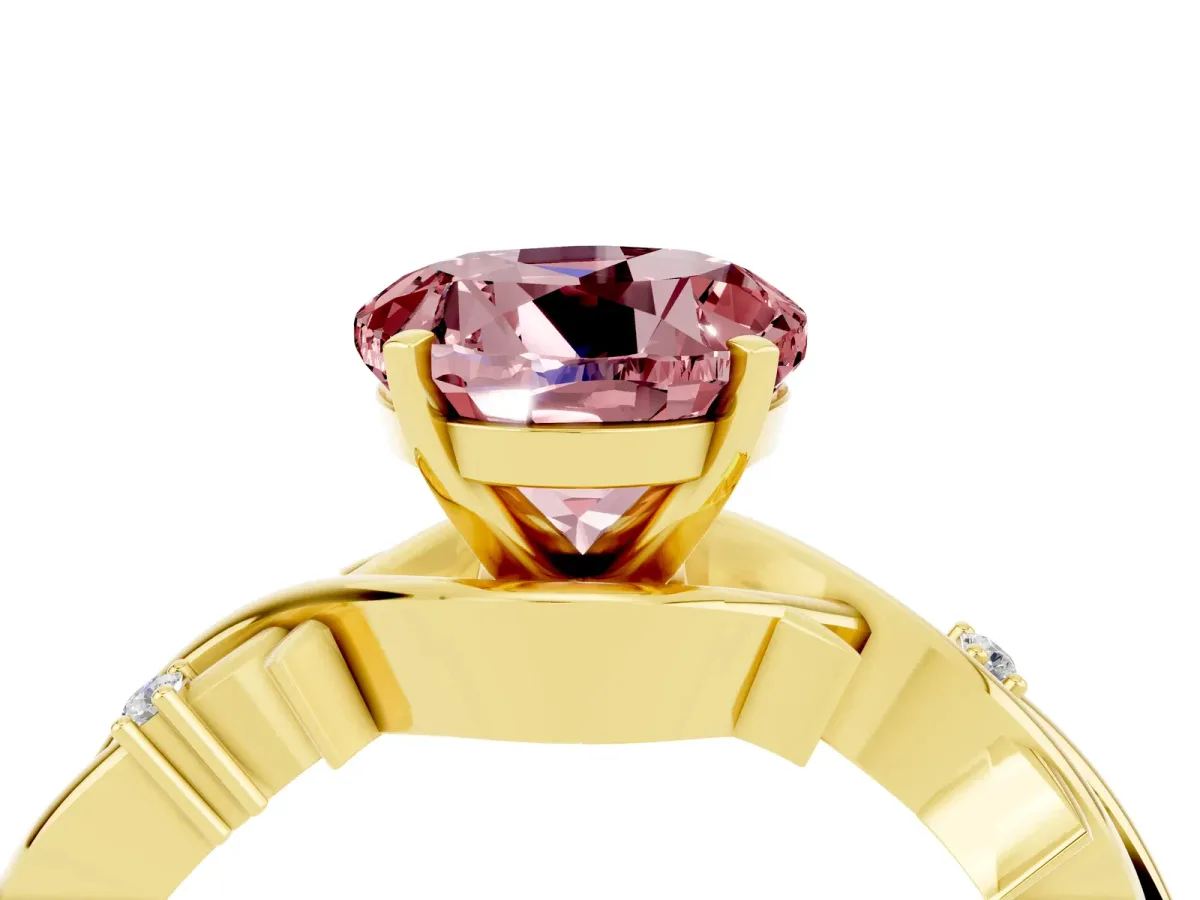 Round Cut Morganite Solitaire Ring with Twisted Band and Prong Setting Yellow gold