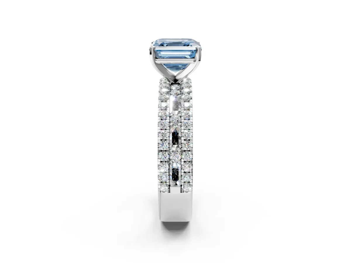 Fancy Blue Asscher Cut Diamond Solitaire Ring with Pavé and Channel Set Band Platinum