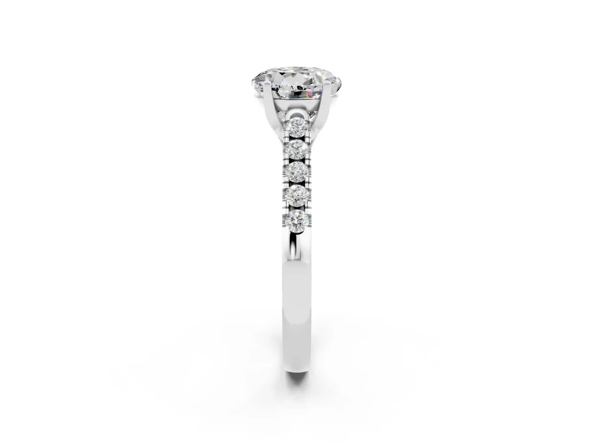 Round Cut Moissanite Pavé Band Solitaire Ring with Prong Setting White gold