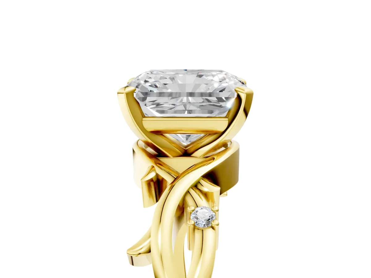 Radiant Cut Diamond Solitaire Ring with Twisted Band and Prong Setting Yellow gold
