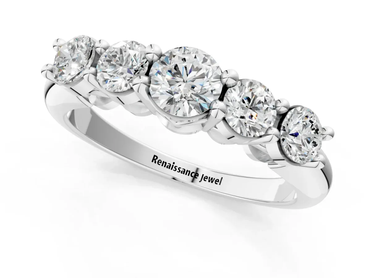 Five-Stone Round Brilliant Diamond Prong Set White Gold Band Silver