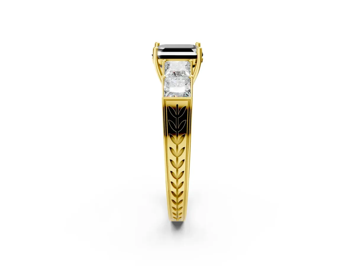 Fancy Black Asscher Cut Solitaire Princess Side Stone Engraved Band Prong Setting Ring Yellow gold