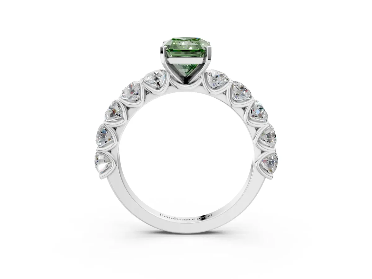Fancy Green Radiant Cut Diamond Prong Setting with Side Stones on a Pave Band Silver