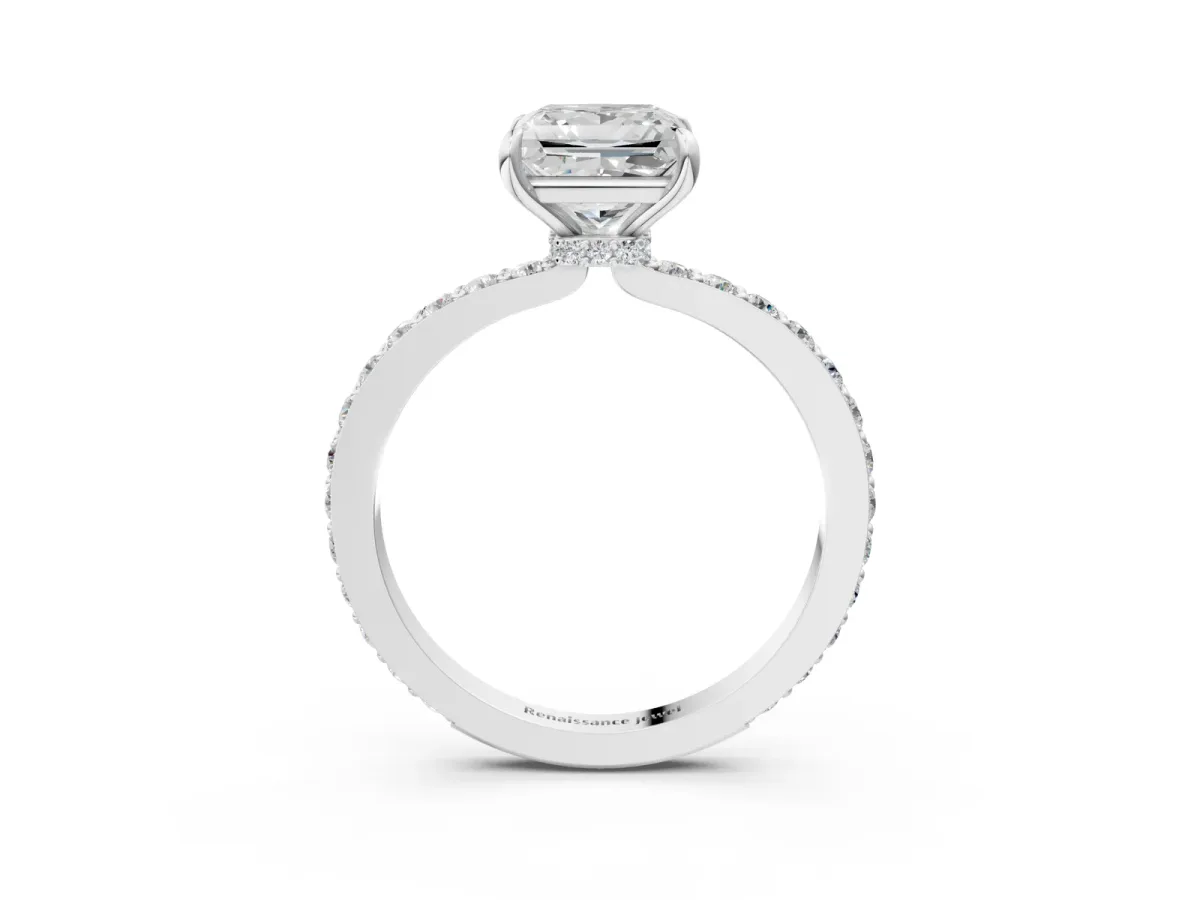 Princess Cut Diamond Solitaire Engagement Ring with Pavé Band and Four-Prong Setting Silver