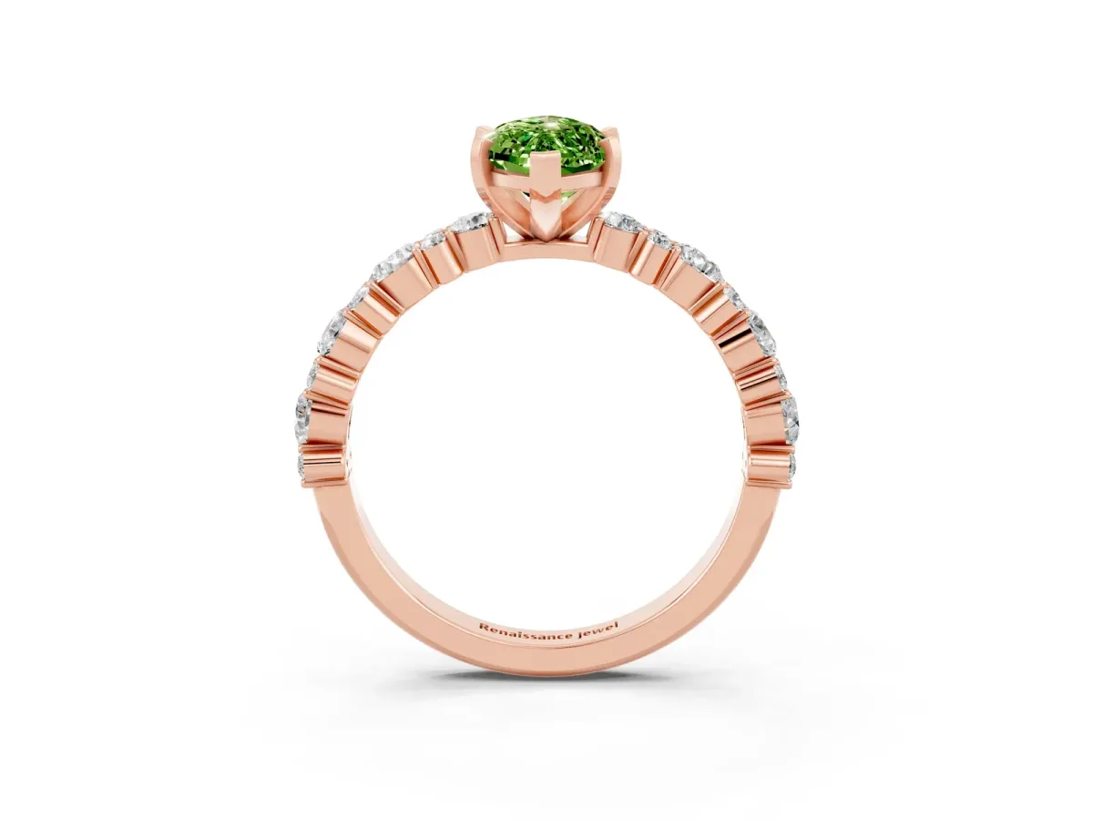 Marquise Cut Peridot Side Stone Solitaire Ring with Round and Four-Prong Setting Rose gold