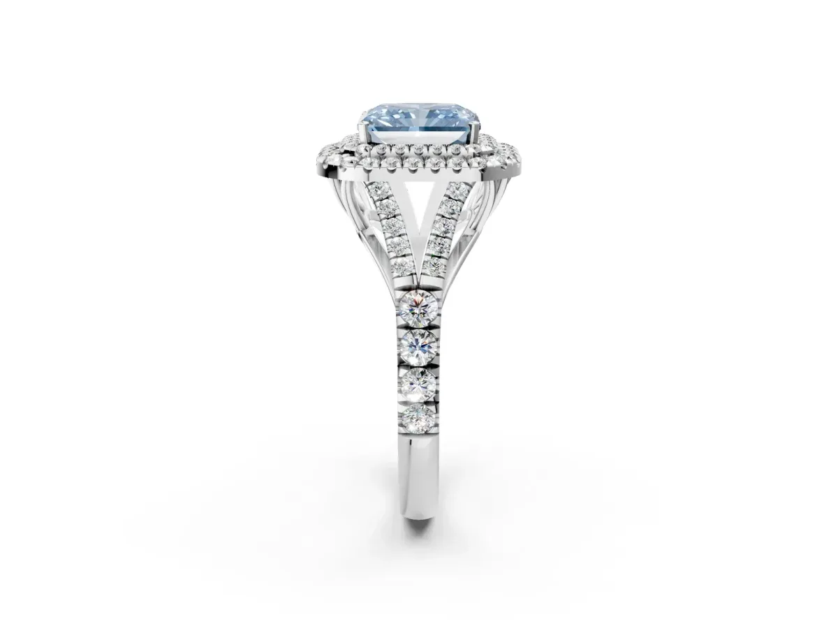 Fancy Blue Radiant Cut Cut Double Halo Split Shank Diamond Ring with Prong Setting Platinum