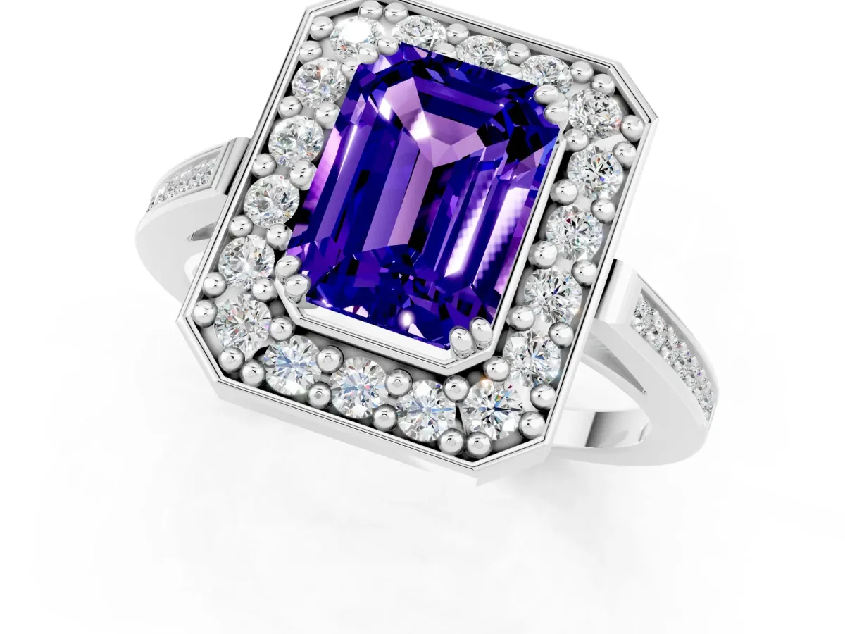 Emerald Cut Tanzanite Halo Ring with Split Shank and Four-Prong Setting White gold