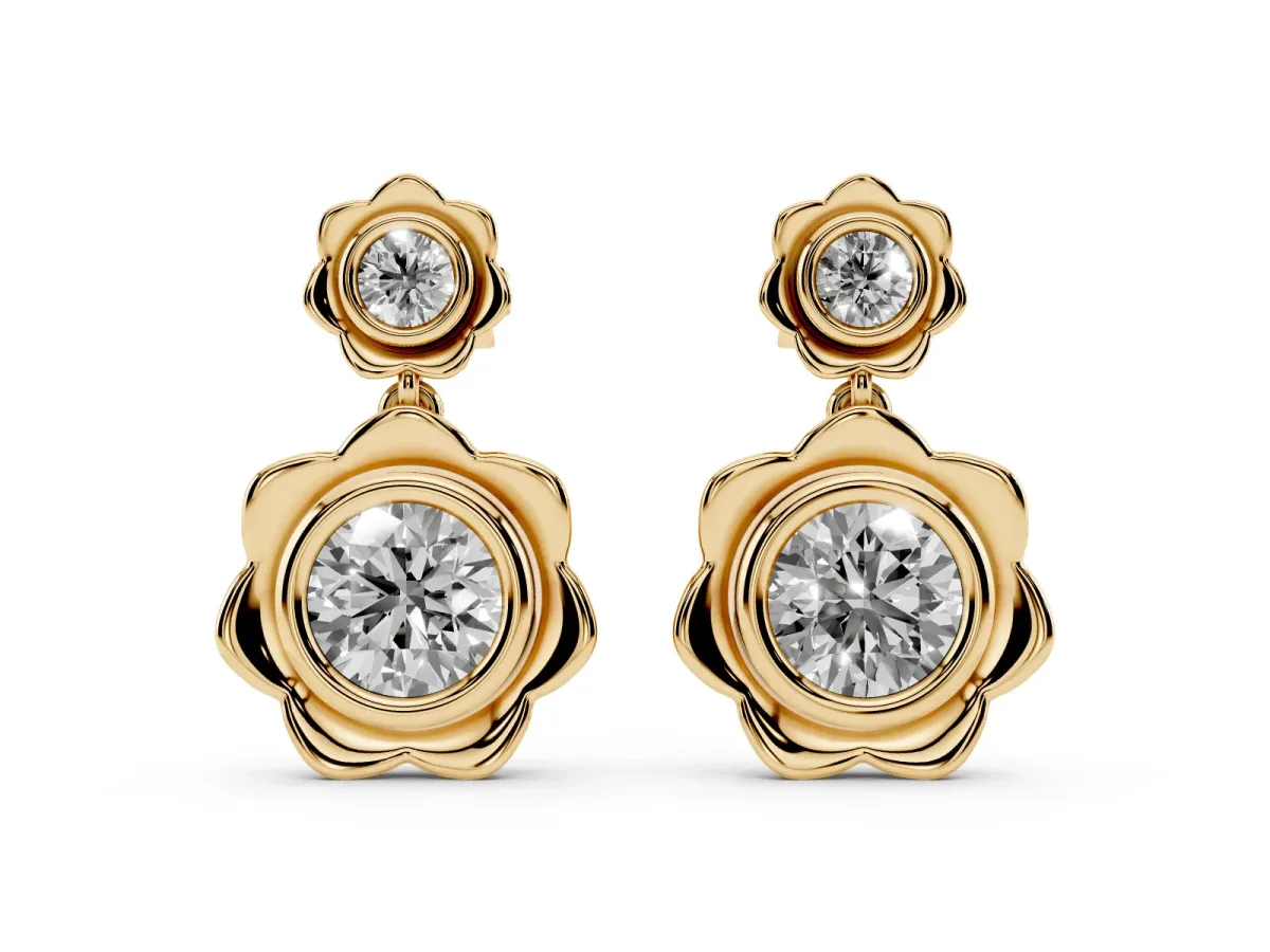 Round Diamond Flower Drop Earrings with Lab Diamond Accents Yellow gold