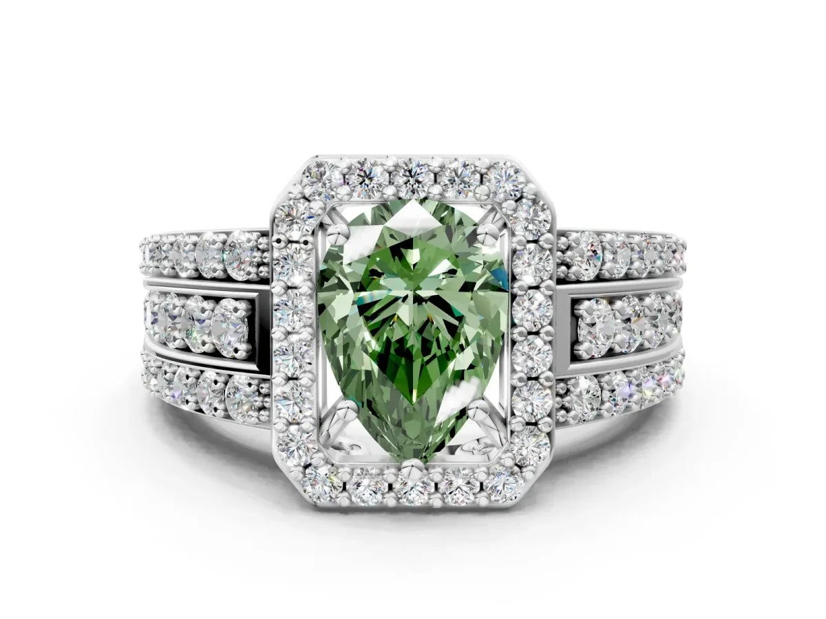 Fancy Green Pear Cut Halo Diamond Ring with Round Split Shank and Prong Setting Platinum